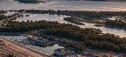 Oblique aerial view of a coastal development at dusk