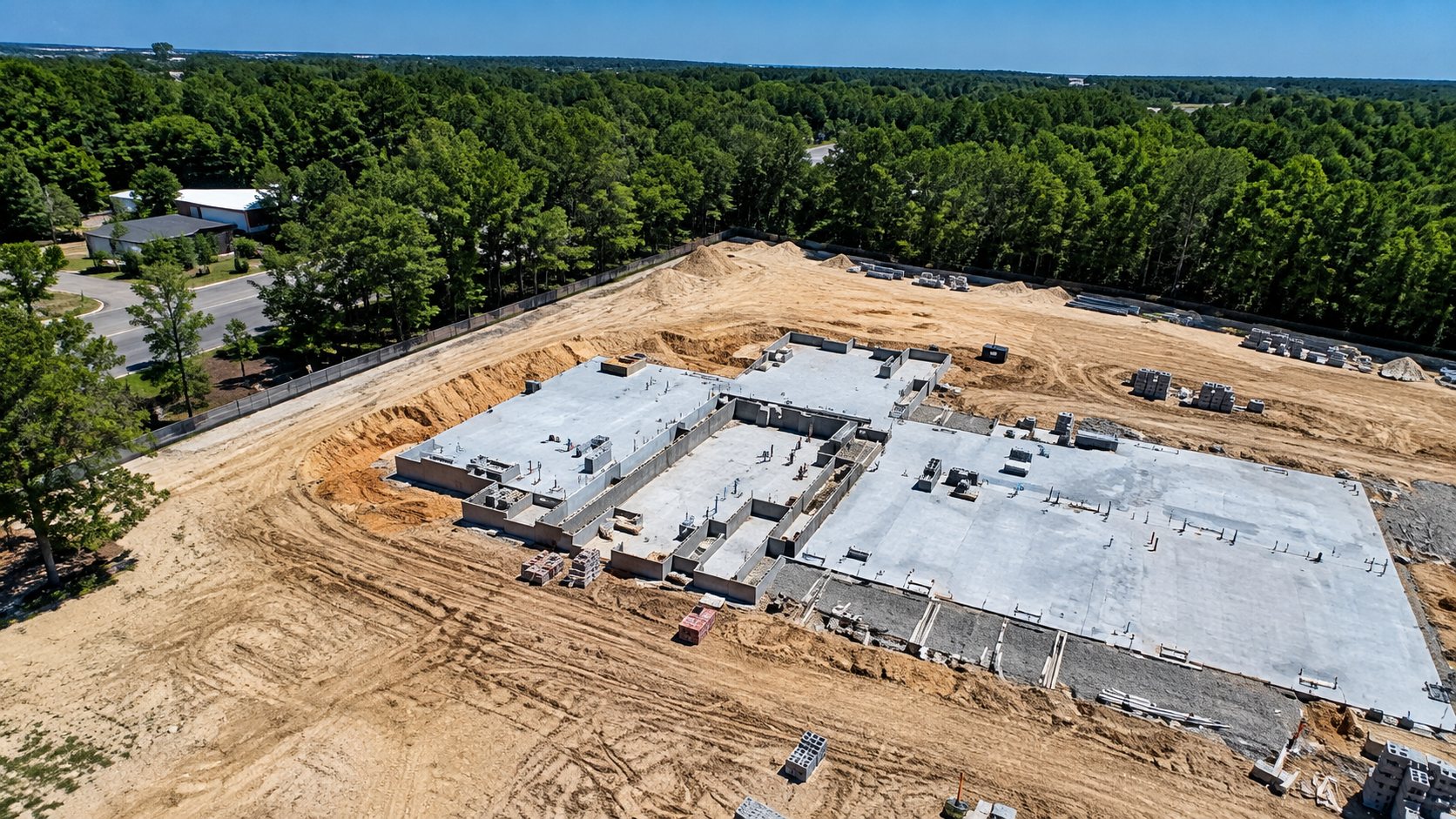 Oblique aerial photo of the dealership slab and foundation walls with the surrounding pine buffer