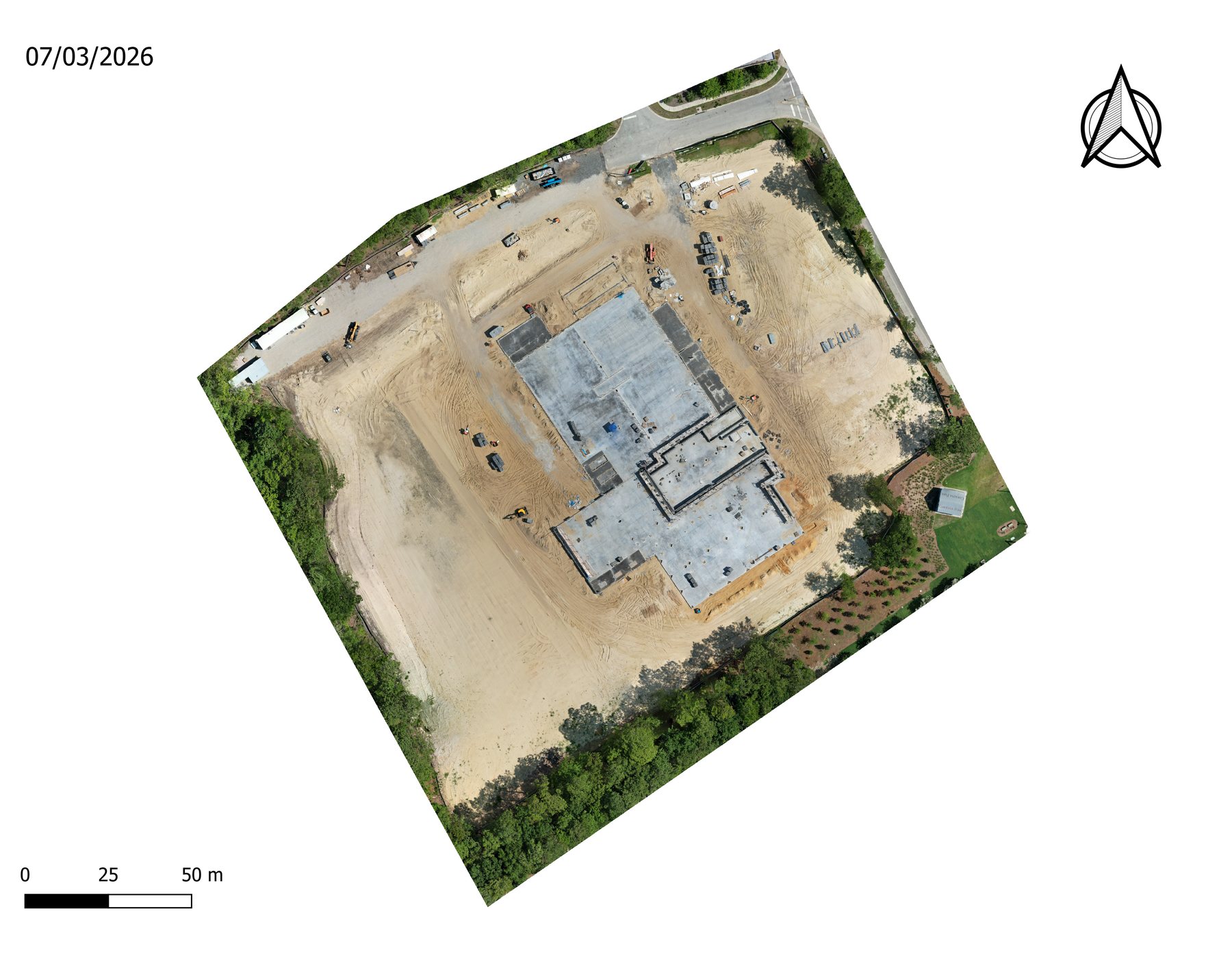 Orthomosaic of the Carolina Park dealership site on 07/03/2026, showing the building slab, graded pad, and staging areas, with north arrow and 50 m scale bar