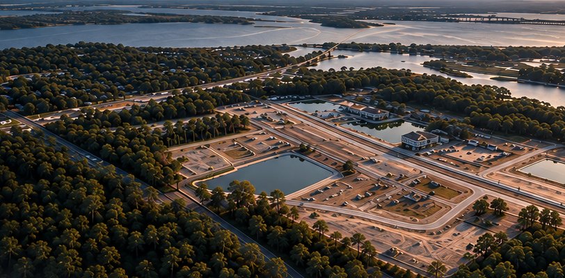 Aerial view of a development site at dusk