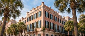 Historic Charleston building framed by palmetto trees